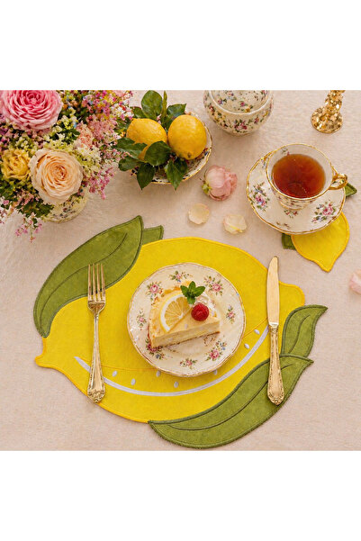 Lilies Atelier Limon Desen Nakış Keten 6 Adet Amerikan Servis Sunum Tabak Alt...