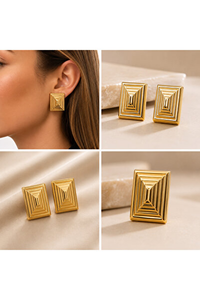 Selay Accessory أقراط مربعة هندسية - أقراط نسائية أنيقة بلون ذهبي منقوش