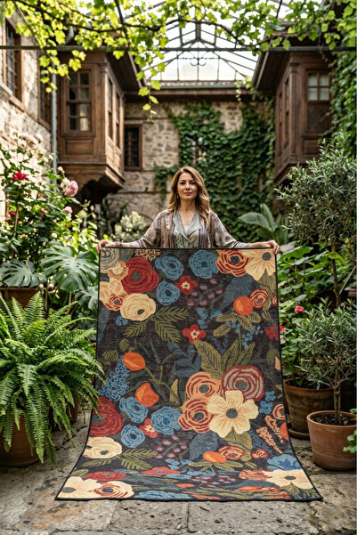 kilim home Koyu Zemin Çiçekli Halı Modern Floral Desenli Salon Oturma Odası H...
