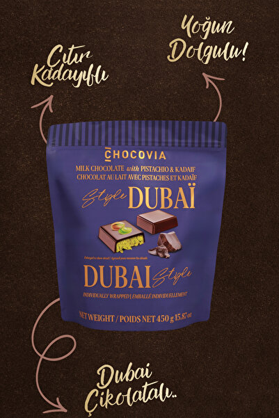 CHOCOVIA Dubai Çikolatası Antep Fıstıklı Kadayıflı Sütlü Çikolata 450 gr