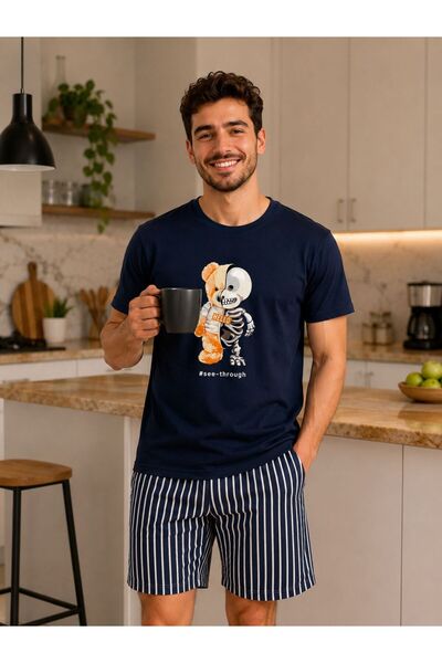 Pelife Underwear Şortlu Pijama Takımı Yüksek Kalite| Lacivert-Çizgili-Ayıcık-...