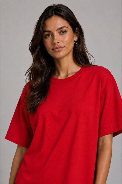 Lizbon Style Kadın Oversize %100 Pamuk Basic Rahat Kalıp T-Shirt - Kırmızı