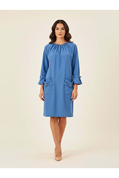 Women's Blue Pocket Dress – Metal Buckle, Comfortable Fit, Casual Linen Texture | Frn Line