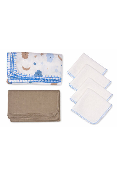 %100 Pamuklu 2 Katlı Kare Müslin Kumaş Mavi Bulut Muslin Kundak ve Mendil Seti