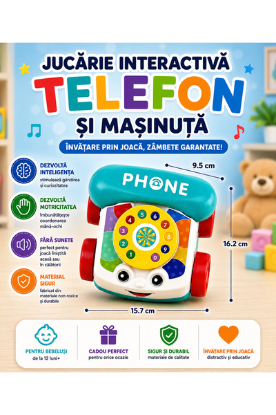 Denn Store Jucarie interactiva pentru bebelusi, telefon, cu disc rotativ si r...
