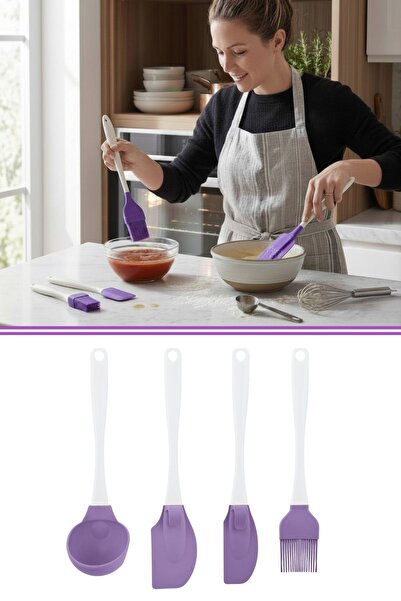 Silicolife 4'lü Silikon Mutfak Servis Hazırlık Seti - Kepçe, Spatula ve Fırça...
