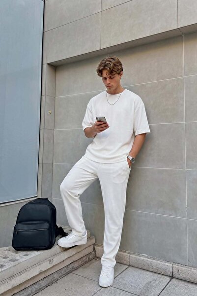 VAMOSCLO Fitilli Baggy Fit Pantolon Beyaz