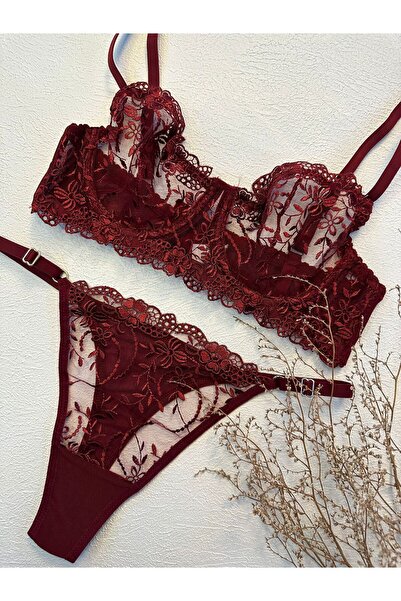 dem merys Burgundy Floral Print Underwire Bra Set