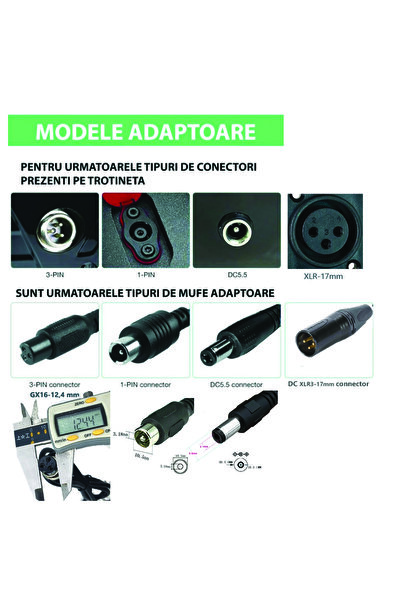 KNTECH Incarcator baterii Li-ion 42V/2A universal, cu conector de incarcare DC-2.5mm, RCA-8mm, aviation 3 pini-12mm, XLR-3 pini-17mm