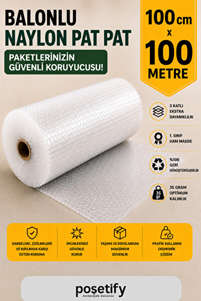 POŞETİFY 100cm x 100m Balonlu Naylon Patpat | 1. sınıf | 3 Katlı | 100 m2 | 3...