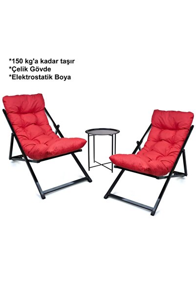 HASTUNÇ Minderli Katlanır Şezlong Seti İkili Bahçe, Balkon, Teras ve Plaj İçin 2 Şezlong + 1 Sehpa