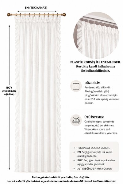 perde plus Ruffled Linen Tulle Sheer Curtain / Single Panel / Compatible with Rod and Rustic Tracks