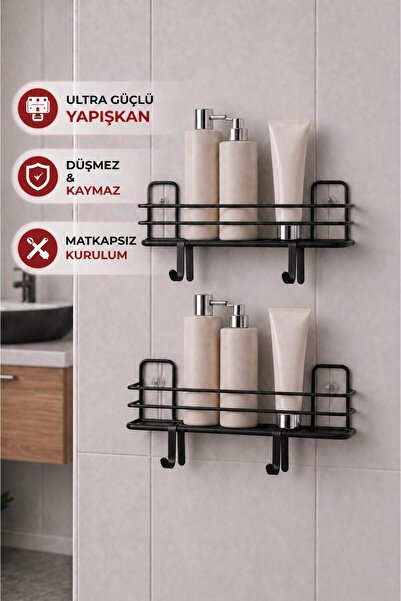 Sas Haus 2'li Siyah Yapışkanlı Banyo Rafı, Duş Şampuanlık, Metal Duvar Rafı (Vidala veya Yapıştır)