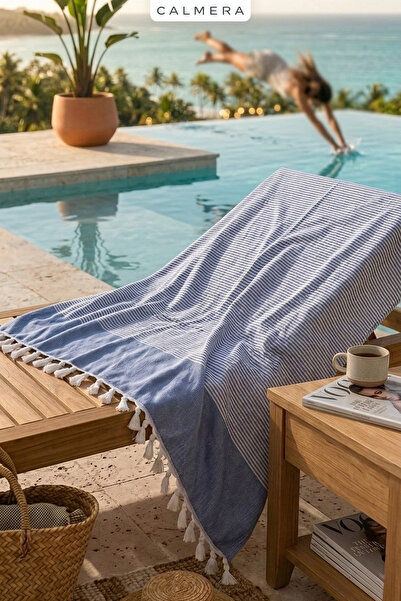 CALMERA Striped Peshtemal |   Cotton - Natural Fringed |   Beach, Pool, Spa, Sauna, Sports, Travel Towel - Navy Blue
