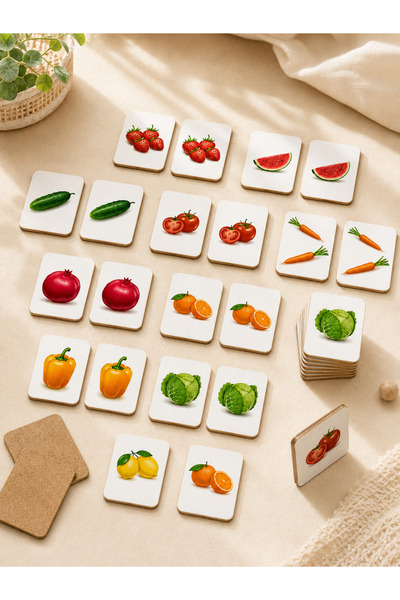 karbonsoft Zeka Kartları Ahşap Eğitici Hafıza Eşleştirme Oyunu Sevimli Meyveler Oyuncak ( 5,5 x 7,5 CM)