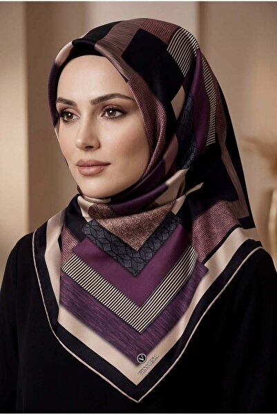 Vissona %100 Twill İpek Geometrik Desenli Mürdüm - Siyah Renkli 90x90 Eşarp D...