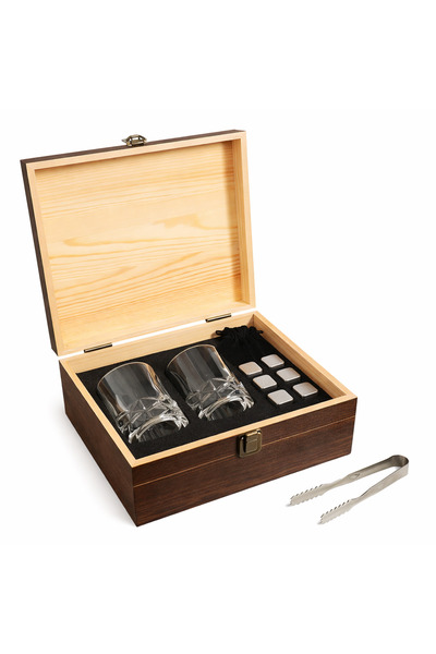 OEM Set Degustare Whisky, Cutie din Lemn, 2 Pahare, 6 Cuburi de Gheata, Oțel Inoxidabil, 21.2x17.8x8.9cm