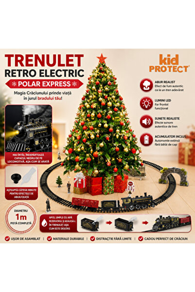KidProtect Circuit Trenulet Jucarie Electric Retro Copii Polar Express, Sunete, Abur, Lumini, Negru