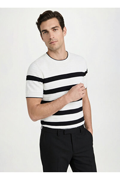 Fabrika Bisiklet Yaka Slim Fit Çizgili Beyaz Erkek Kazak F6SM-KZK 2480