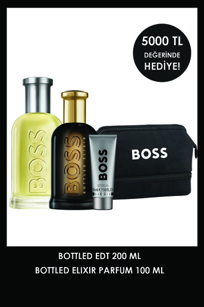 BOSS Bottled EDT 200 ml + Bottled Elixir Parfum 100 ml & Çanta & 30 ml Duş Je...