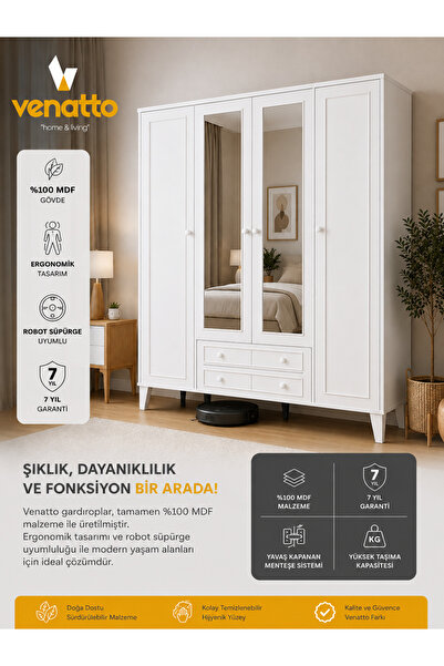 VENATTO madrid 4 kapaklı,aynalı,10 raflı,2 çekmeceli dolap/gardırop (%100mdf)