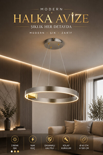 Elvora Home Modern (PREMİUM) LED Sarkıt Avize 3 Renk Ayarlı Gold Detaylı Yuva...