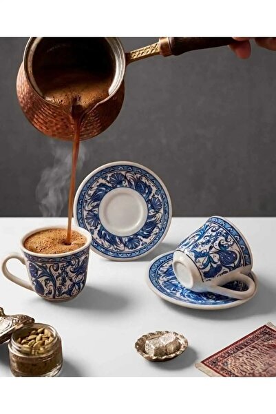 Handmade Mavi Lale Desenli Seramik Kahve Fincanı – Osmanlı Motifli Zarif Türk...