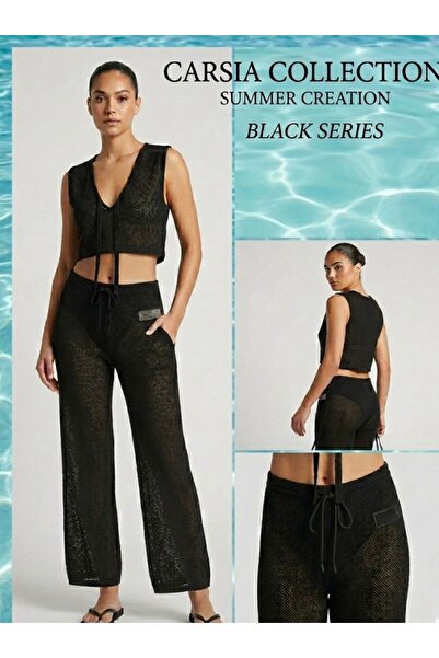 CARSİA Collection Siyah Delikli Örme Dökümlü Crop Üst Ve Bel den Bağcıklı Şık...