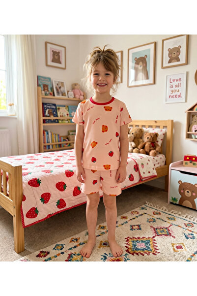 elmas kids Devojčička pamučna roza letnja pidžama sa uzorkom medvedića u obli...
