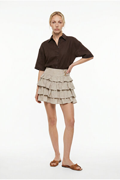 Quzu Ruffled Double Buckle Mini Skirt Natural