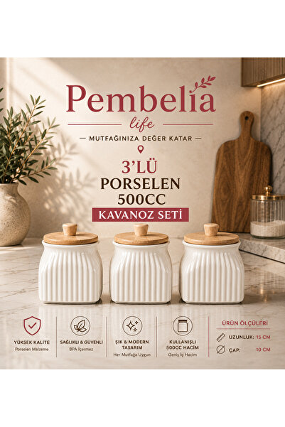 Kitchen Pembelia 3’lü Porselen 500 ml Saklama Kabı Baharat Tuz Şeker Kahve Sa...