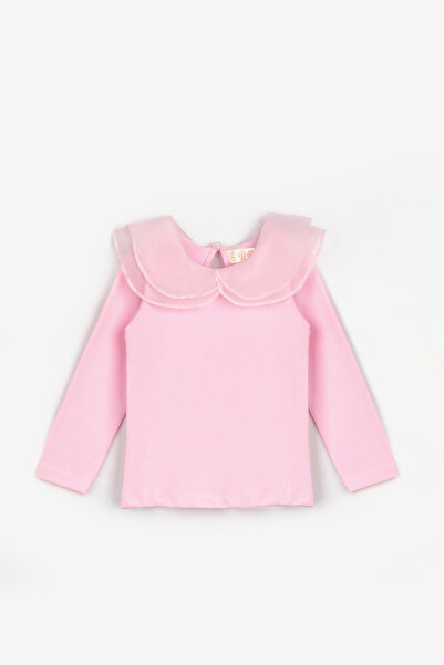 Le Mabelle Tricou roz pentru fete, cu guler din organza și mâneci lungi