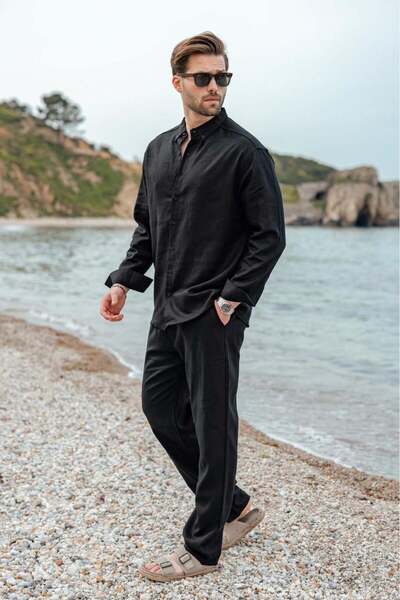 Madmext Black Relaxed Fit Linen Men's Shirt and Trousers Set E7362