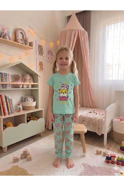 elmas kids طقم بيجامة صيفي طويل الأكمام من القطن بنسبة 100% بنمط قطة خضراء لل...