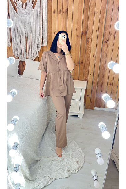 Brown short sleeve combed cotton fabric maternity puerperal pajamas set (WIDE FIT )