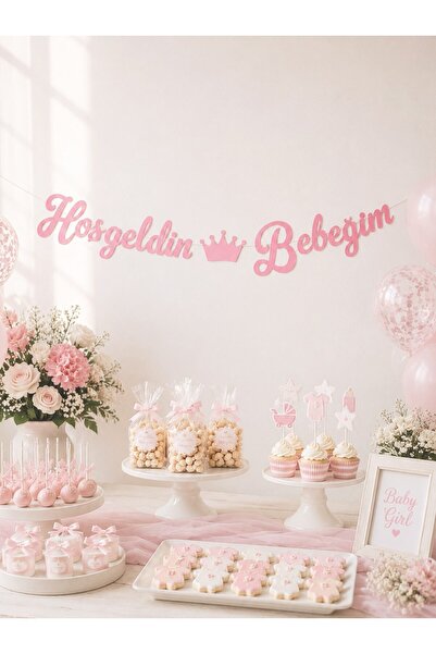 Parti Adresi Hoş Geldin Bebeğim Yazılı Kaligrafi Banner Pembe