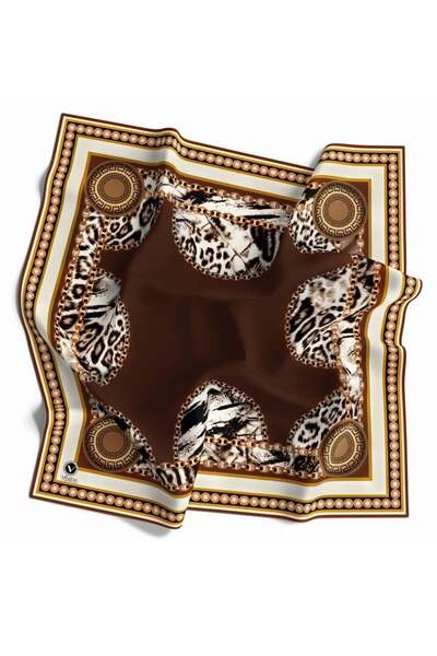 VİOLLA Kristal Zincirli Leopar Desenli Taba Renkli 90x90 Eşarp (İpek İçermez)...