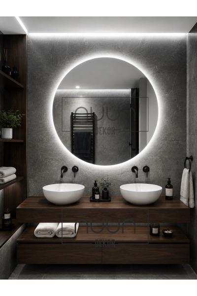 NUUN DEKOR 70cm Trafolu Beyaz Ledli Dekoratif Ayna Duvar Aynası Banyo Aynası