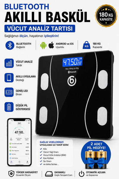 bydiz Dijital Baskül Bluetooth Vücut Analiz Tartısı - Akıllı Yağ Ölçer - Andr...