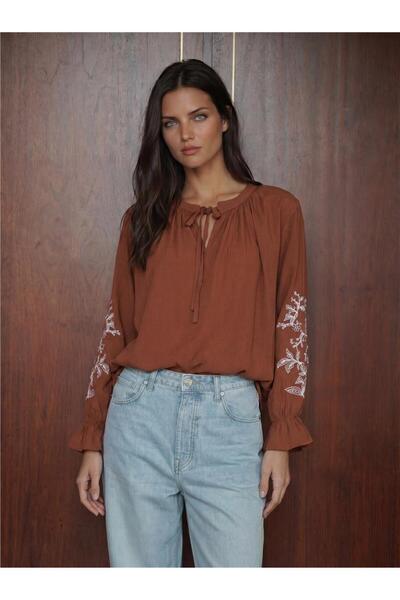 WeShaya Tile Knitted Fabric Long Sleeve Embroidery Detailed Straight Cut Poly...