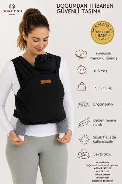 Boroosh Baby Yumuşak Bebek Sling %100 Pamuklu Kese Ve Bere Hediyeli Siyah Beb...