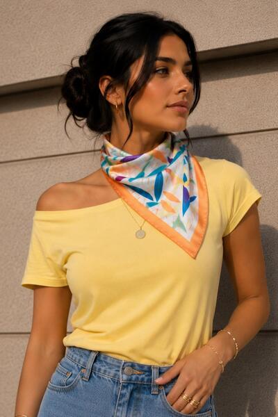 AFVENTE Colorful Leaf Pattern Salmon-Mint Soft Bandana Scarf 50X50 cm