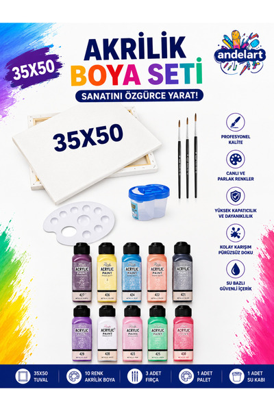 andelart Akrilik Boya Seti - 35x50 cm Tuval, 10 Renk Akrilik Boya, Fırça ve P...