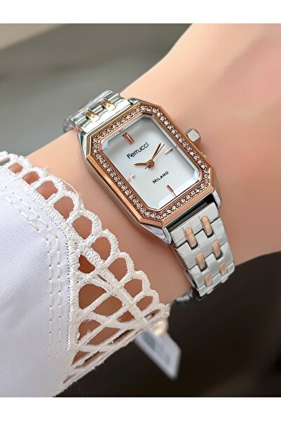 Ferrucci Milano Rectangular Case Rose Gold Silver Metal Band Women's Wristwatch