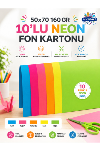 andelart 50x70 Cm Fon Kartonu 10'lu 10 Renk 160 gr 1 Rulo Fon Kartonu