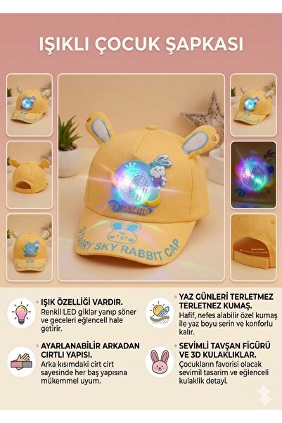 Prahar kız çocuk sarı renkli ışıklı sevimli tavşan figürlü ayarlanabilir cırt...