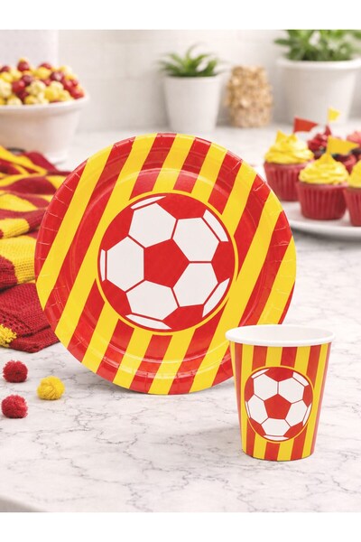Parti Adresi Sarı Kırmızı Taraftar Kupa Temalı Karton Tabak Bardak Set 8'li