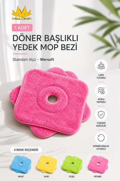 MissClean ( 1 ADET )  Standart Ölçü Döner Başlıklı Yedek Mop Bezi Wersoft Lek...