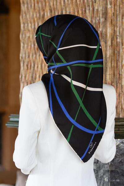 Vissona وشاح تيفيل الحريري IST 50487- 12 أسود - أخضر بنمط هندسي