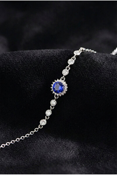 Roza Silver 925 Ayar Gümüş Safir Taşlı Rodyum Yuvarlak Anturaj Gümüş Bileklik